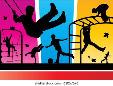 Funky collection of young boys playing on various playground apparatus. All elements layered separately for easy manipulation and editing.