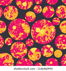 Funky color paints seamless pattern, abstract vector background. Colorful design wallpaper for textile, fabric, wrapping paper. Circles overlay. Vibrant orange, red and pink.