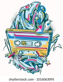 Funky colorful audio cassette and graffiti arrows