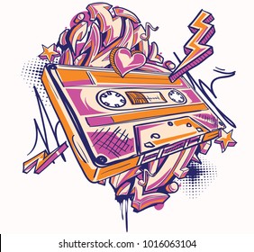 Funky colorful audio cassette and graffiti arrows