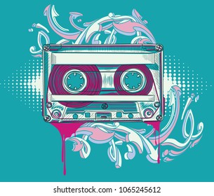 Funky colorful audio cassette and graffiti arrows