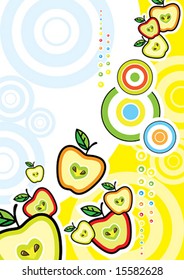 Funky colorful background with apples and rainbow