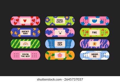 Funky colorful band-aid stickers, patches, labels, and tags in vibrant retro style. Positive, motivational phrases with groovy, playful designs. Vector set of trendy y2k and 90s grunge-inspired cartoo