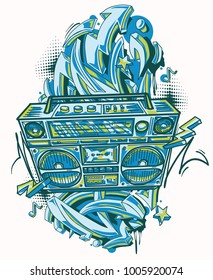 Funky colorful boom box and graffiti arrows