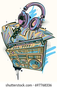 Funky colorful boom box, headphones and graffiti arrows