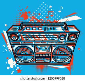 Funky colorful boom box on graffiti background