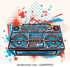 Funky colorful boom box on graffiti background