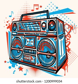 Funky colorful boom box on graffiti background