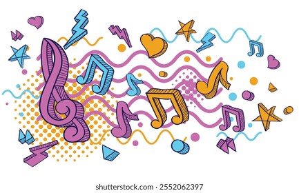 Funky colorful clef and musical notes - music decorative design