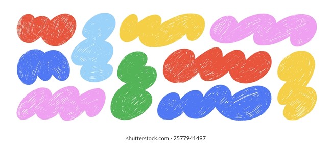 Funky colorful cloud shapes and organic bubbles drawn by a crayon. Various blotch shapes collection with pencil texture. Hand drawn vector liquid organic shapes. Childish colorful cloud illustrations.