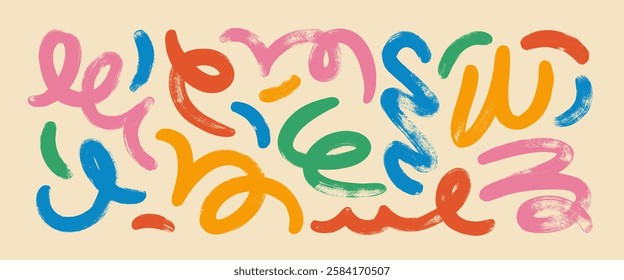 Funky colorful doodle lines, spirals and swirls. Brush drawn vector squiggles for collage and graphic design. Creative abstract grunge brush strokes. Thick calligraphy modern vector smears.