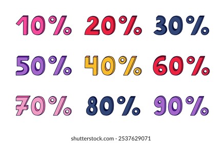 Funky colorful doodle set with bold 3d lettering with percent of discount from 10 to 90. Volume hand drawn numbers with outline for Black Friday and sale for business, offline store, internet sale.