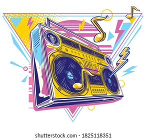 Funky colorful drawn 80s boom box tape recorder - music design