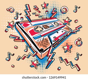 Funky colorful drawn audio cassette