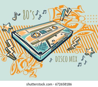 Funky colorful drawn audio cassette