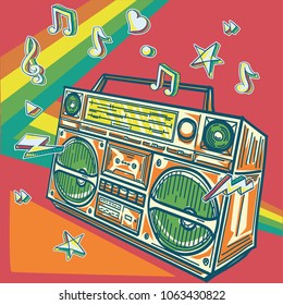 Funky colorful drawn boom box music design