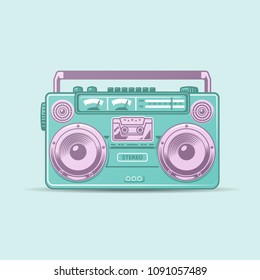 Funky colorful drawn boom box. Vector vintage illustration