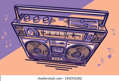 Funky colorful drawn boom box tape recorder