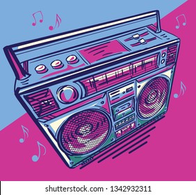 Funky colorful drawn boom box tape recorder