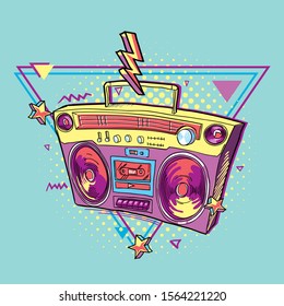 Funky colorful drawn boom box emblem