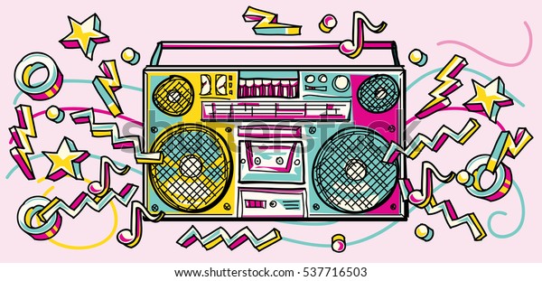 Funky Colorful Drawn Boombox Stock Vector (Royalty Free) 537716503