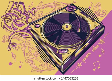 Funky colorful drawn musical turntable and graffiti arrows