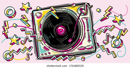 Funky colorful drawn musical turntable and notes