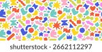 Funky colorful geometric seamless pattern with childish crayon drawn shapes and forms. Abstract kid