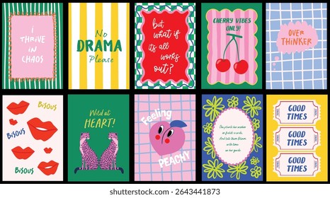 Funky colorful hand-drawn posters set with witty and positive quotes. Perfect for wall decors for home, office, contemporary interior, postcards, art prints. Doodle groovy banners, t-shirt design. 