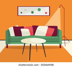 Funky colorful interior with furniture sofa table lamp carpet for living room house vector illustration