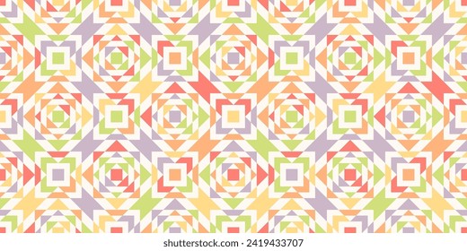 Funky colorful kaleidoscope vector geometric seamless pattern. Simple abstract texture with triangles, squares, floral shapes. Cute abstract background in pastel colors. Repeated summer geo design