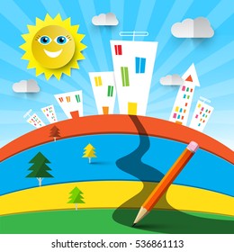Funky Colorful Landscape Cartoon with Houses and Sun. Vector Abstract Nature Design.