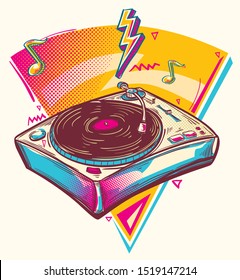 Funky colorful music emblem - turntable