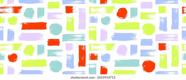 Funky padrão colorido sem costura com traçados e círculos de pincel retos e ousados. Esfregaços grossos, traços e pontos plano de fundo sem emenda. Papel de parede geométrico infantil abstrato. Trendy esboça linhas em negrito.