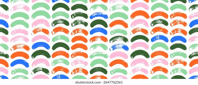 Funky colorful seamless pattern with brush drawn curved lines or arches. Hand drawn curved bold lines. Bold circular shapes and waves seamless pattern. Whimsical geometric wrapping paper.