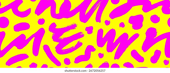 Funky bunte nahtlose Muster mit Pinsel gezeichnet Schnörkel und Punkte. Handgezeichnete kreative gelbe und rosa Tapete. Abstrakte Basiswirbel, gekrümmte Linien und Punkte. Doodle nahtlosen Hintergrund.