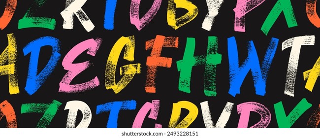 Funky colorful seamless pattern with grunge capital bold letters. Brush drawn cursive font background. Graffiti style alphabet with rough grunge texture. Brush drawn alphabet wallpaper.
