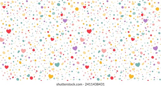 Funky Colorful Seamless Pattern with Hearts and Dots. Vector Love Texture with Sprinkle Confetti.