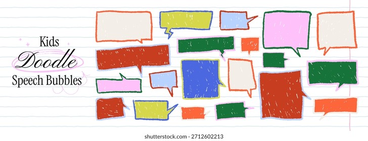Funky colorful speech bubble set with kids crayon drawn rectangle text boxes. School doodle dialog empty silhouettes and vector charcoal talk shapes for text. Chalk pencil balloon elements.
