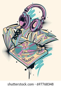 Funky colorful turntable, headphones and graffiti arrows