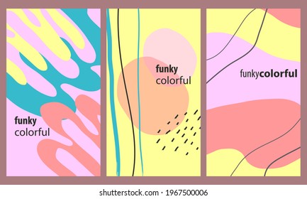 Funky colorful vertical backgrounds with rounded shapes and lines in pink and purple tones, yellows, black and blue colors. Suitable for social media, ads, banners, posters, covers and more. Vectored.