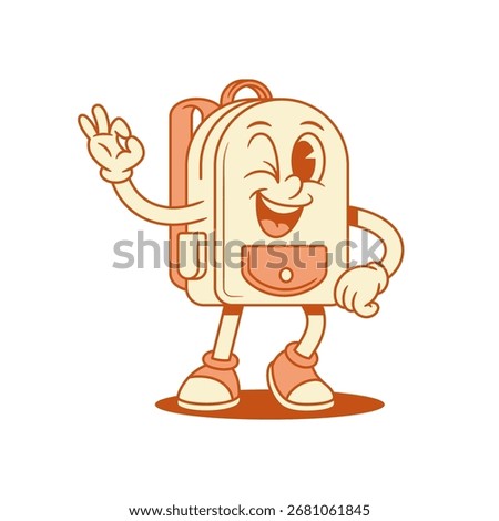 Funky comic schoolbag backpack cartoon character okay gesture isometric vector illustration. Smiling cheerful happy school bag pupil education minimalist mascot winked ok good gesturing