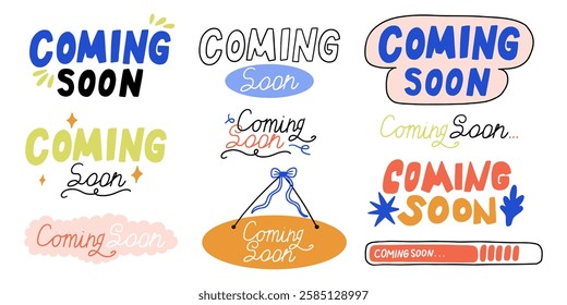 Funky Coming Soon Handdrawn Stamp Set. Colorful Progress Come Tag Sticker Collection. Vector Clipart Illustration