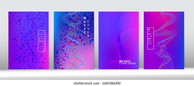 Funky Computing Music Background Big Data Neon Tech Magazine. Futuristic Gradient Overlay. 3D Fluid Shapes Trendy Cover Template. Music Covers Set. Purple Blue Pink Punk Vector Cover Layout.