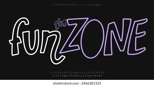 Funky contour typeset, cartoon playful font, youthful vibrant alphabet, quirky letters for lively logos, engaging headlines, kids branding, fun headline, child-friendly typeface. Vector typeset.