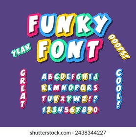 Funky Cool 3d Volumetric Font. Colorful Playful Funny Letters and Numbers. Kids Game Typographic Design, Vector Lettering Alphabet.