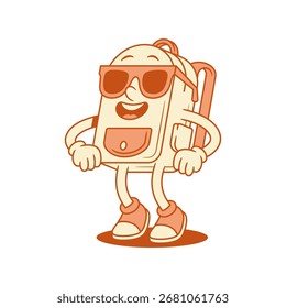 Funky cool mochila de vuelta a la escuela personaje de dibujos animados en gafas de sol de Ilustración vectorial isométrica. Sonriente feliz mochila de educación del alumno estudiando mascota minimalista en gafas de verano con estilo