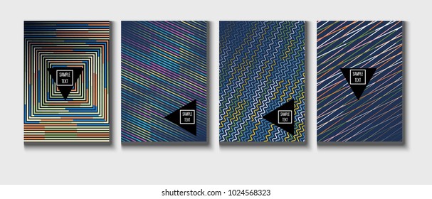 Funky Covers Set. A4 Vector Brand Folders Templates. Halftone Geometric Modern Business Covers Set. Neon Bright Glam and Glitch Party Poster Background. Futuristic Branding, Linear Tech Design.