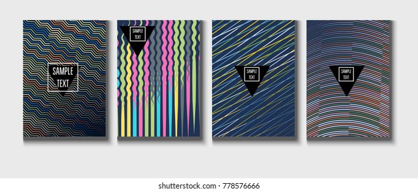 Funky Covers Set. A4 Vector Business Folders Templates. Colored Trendy Modern Business Covers Set. Neon Bright Gradient Background Collection. Futuristic Branding, Lines Tech Design.
