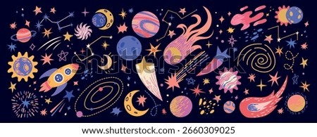 Funky crayon doodle space set with planets, stars, constellations, and asteroids. Hand-drawn galaxy icons in childish style with pencil texture. Cute cosmic illustrations for kids' designs.